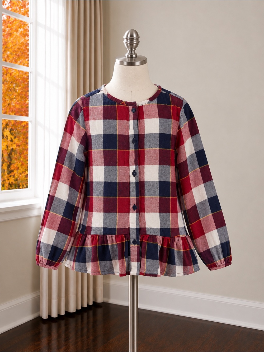 Zara Red, Navy & White Plaid Button-Down Peplum Shirt